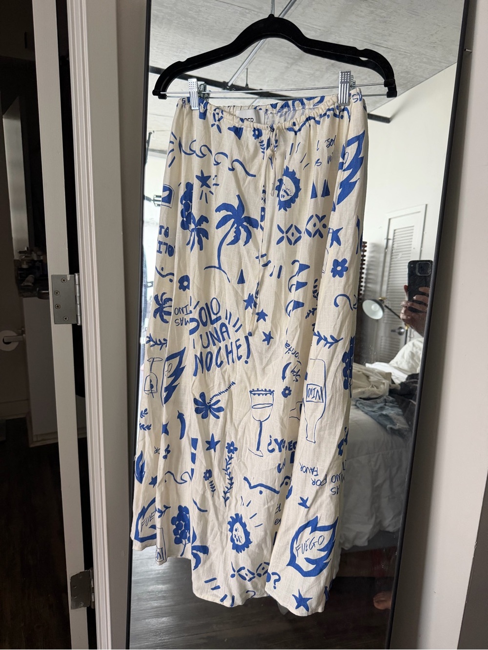 Women’s Cream Maxi Skirt with Blue Graphic Print